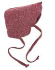 Cape Cod Red scallop bonnet with folded brim for adjustable sun protection, handmade from linen and rayon for a baby's comfort.