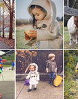 A collage of children wearing the Snowshoe Rabbit Coat, a merino wool jacket with a bunny ear hood, toggle closures, and plush lining, enjoying outdoor adventures in fall and winter