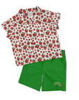 Strawberry print toddler button-up shirt with green Hungry Caterpillar embroidered shorts