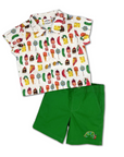 Flat lay of the Very Hungry Caterpillar Party Food Shirt and matching green shorts, featuring a vibrant food print and embroidered caterpillar detail