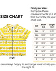 Size chart for kids' lemonade shirt with width and length measurements for sizes 12m to 7, helping find the best fit for your child.
