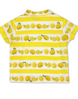 Yellow and white striped short-sleeve shirt with a lemon print, laid flat to display the back design