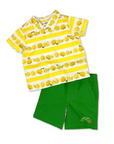 Toddler lemon print button-up shirt paired with green shorts featuring a caterpillar embroidery, perfect for summer outfits.
