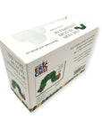 A boxed set of The Very Hungry Caterpillar by Eric Carle, featuring a board book and a green plush toy, with colorful packaging and story details