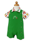 Green toddler romper with Very Hungry Caterpillar embroidery, paired with a food-print button-up shirt on form