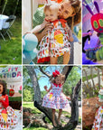 A vibrant collage showcasing children in a sweet-themed dress with red accents, ice cream cone pockets, and a cheerful party vibe