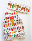 Very Hungry Caterpillar toddler kids romper and board book set, featuring a 100% cotton romper with party food prints and an appliquéd ice cream cone