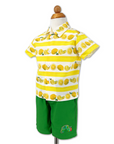 boys outfit yellow striped lemonade shirt paired with green Very Hungry Caterpillar shorts, featuring soft cotton fabric and a button-down front