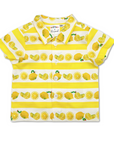 boys yellow striped button-down with lemon print and Very Hungry Caterpillar design, made from soft cotton with short sleeves and front buttons