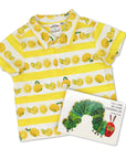 Yellow striped kids' button-down with lemon print and Very Hungry Caterpillar book, featuring soft cotton fabric and short sleeves
