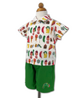 Very Hungry Caterpillar Party Food Shirt displayed on form with matching green shorts, featuring a colorful food print on soft 100% cotton fabric.