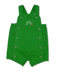 romper laid flat, showcasing vibrant green twill fabric, adjustable straps, side button closures, and an embroidered caterpillar pocket.