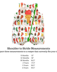 Hungry Caterpillar™ romper with a size chart detailing shoulder-to-stride measurements for different ages, helping parents choose the right fit.