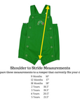 Size chart for the Hungry Caterpillar romper showing shoulder-to-stride measurements in inches for various baby and toddler sizes, with a visual guide