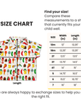 Size chart for the Very Hungry Caterpillar Party Food Shirt, displaying width and length measurements for toddler and kids' sizes from 12M to size 7