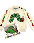 Children’s sweater featuring The Very Hungry Caterpillar with embroidered food designs, paired with the board book and plush gift set