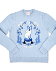 Powder blue Willa Heart dog sweater laid flat, featuring an intarsia knit dog and dragon motif with tassel