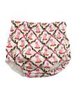 White bloomer from Willa Heart Cotton Trio with pink cheetah pattern, green leaves, and lattice design. Elastic waist and legs
