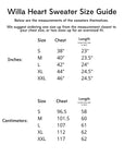 Willa Heart sweater size guide showing chest and length measurements in inches and centimeters for sizes S to XXL.