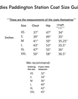 Detailed size chart for the navy wool Paddington-inspired coat for women, including chest, hip, and length measurements.