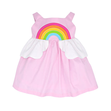 Little Girls pink sundress with appliqued rainbow on the front, full skirt, and white peplum shaped like clouds.