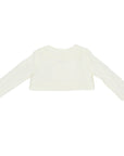Back view of ivory linen bushel bunny jacket. Lightweight, fully lined heirloom cardigan with long sleeves and a classic cropped design.