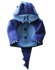 flat image of Blue Dinosaur Coat, closed with 3 black bottons down the front.