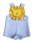 Little Goodall Blue Gingham Lion Romper for babies and toddlers, made from soft 100% cotton with an embroidered lion face and ruffled mane