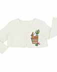 Ivory linen baby jacket with embroidered bunny in a bushel basket. Lightweight, heirloom-quality cardigan for boys and girls, perfect for spring