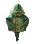 Front view of the Cheeky Green Dinosaur Coat, a wool-felt kids' jacket with a ridged hood, plush lining, clawed sleeves, and a long tail.