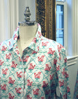 Button-down shirt with foo dog print displayed on a mannequin, teal and plum cotton sateen -ladies, girls