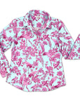 Button-down shirt in smooth cotton sateen with an aviary toile print in pink and lilac on a sea blue background