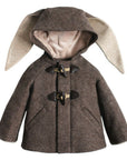 Brown wool Flopsy Bunny Coat with a plush-lined bunny ear hood and toggle closures, laid flat to show details.