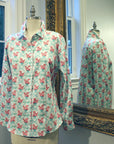 Foo dog print cotton button-down shirt displayed on a mannequin with mirror reflection