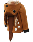 Back of Little Goodall Frolicsome Fawn Coat with fawn hood, faux fur tail, and wool spots