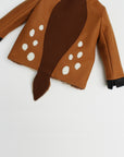 Back view of the Little Goodall Frolicsome Fawn Coat, featuring a soft brown tail, white wool spots, and black cuff details