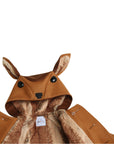 Close-up of the Little Goodall Frolicsome Fawn Coat, showing faux fur lining, hood with ears, and button details