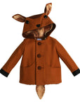 Brown wool coat with a fawn head as a hood and includes a soft tail in the back.