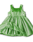 Green gingham sundress for girls with an alligator applique, scalloped hem, and a ruffled petticoat for added volume