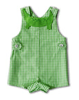 Green gingham alligator romper for baby and toddler boys with embroidered details, adjustable button straps, and a soft 100% cotton design.