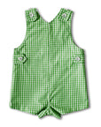 Back view of Little Goodall Green Gingham Alligator Romper with buttoned straps, side tabs, and soft 100% cotton fabric for baby and toddler boys
