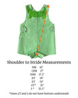 Little Goodall Green Gingham Alligator Romper size chart with shoulder-to-stride measurements for baby and toddler boy