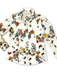 Flat-lay of ivory botanical print shirt with long sleeves and button-down front