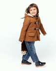 Kids' brown wool duffle coat with a fox-themed hood, rope toggles, and a fluffy tail