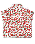 Back view of kids' short-sleeve button-up shirt with a strawberry print, part of The Very Hungry Caterpillar collection.