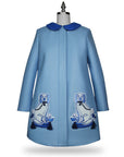 Ladies Aldrich and Madame De Bleu Coat crafted from merino wool in a soft blue hue, featuring intricate embroidered dog designs with tassel details