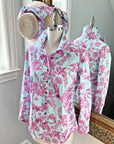 Ladies Aviary Toile Classic Shirt on mannequin with matching headband, featuring pink and blue bird print.