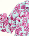 Close-up of Ladies Aviary Toile Classic Shirt sleeve and cuff with pink and blue bird print