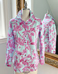 Full view of Ladies Aviary Toile Classic Shirt on mannequin, showcasing pink and blue bird print and tailored fit