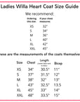 Size guide for Ladies Buffy and Muffy Coat, showing recommended chest sizes and detailed coat measurements including chest, length, and bicep width